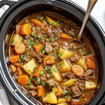 Classic Crock Pot Beef Stew in a bowl with tender beef, carrots, and potatoes