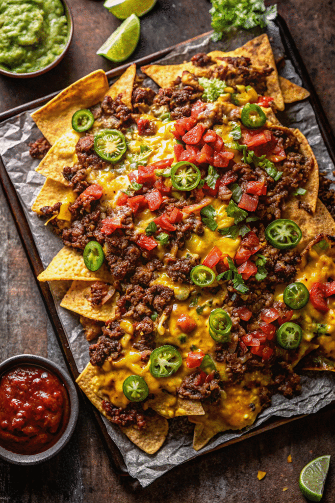 Freshly baked Sheet Pan Beef Nachos topped with cheese, black beans, corn, avocado, and cilantro.