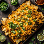 Sheet Pan Chicken Nachos loaded with melted cheese, seasoned shredded chicken, black beans, jalapeños, and fresh cilantro.