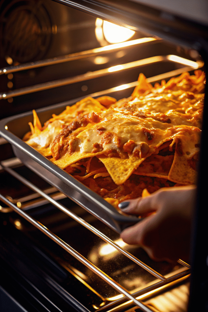 Oven-baked Sheet Pan Chicken Nachos with layers of tortilla chips, cheddar cheese, chicken, corn, and red onions.