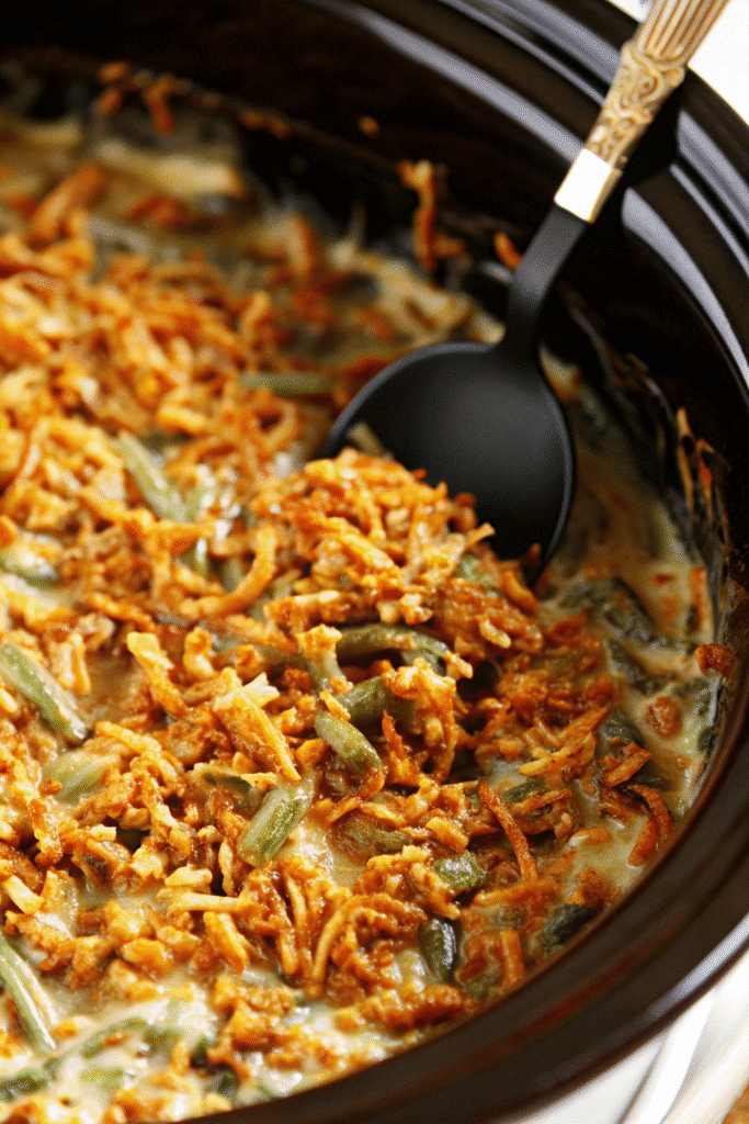 Crock Pot Green Bean Casserole Recipe 3 Close-up of Crock Pot Green Bean Casserole with tender green beans and creamy mushroom sauce