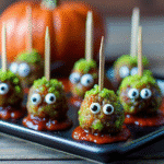Zombie Meatball Skewers with mozzarella eyeballs and black olive pupils on a platter, drizzled with marinara sauce