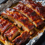 Tender sheet pan BBQ ribs glazed with caramelized sauce, sliced and ready to serve.