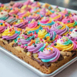 Freshly baked Sheet Pan Cookie Cake topped with chocolate chips and colorful sprinkles, ready to slice and serve.
