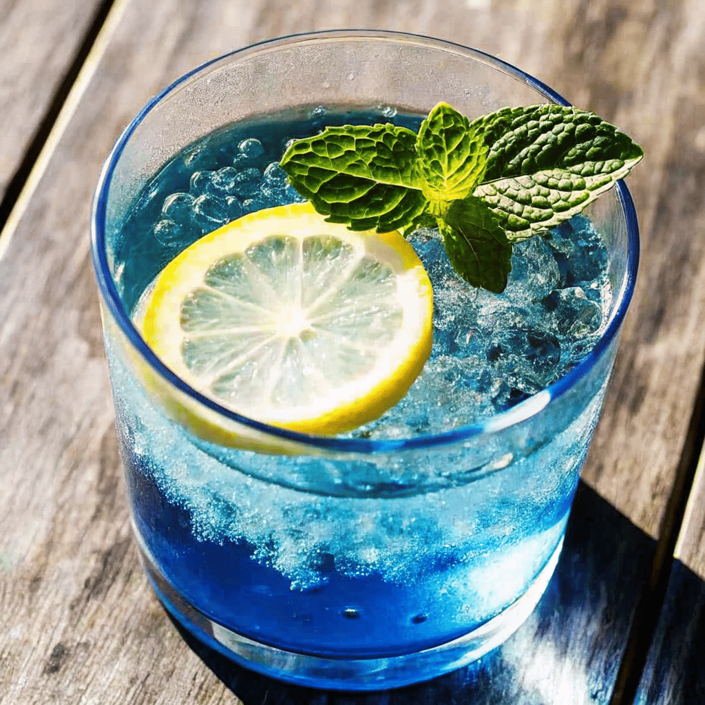 Refreshing Blue Salt Trick drink in a glass with mint garnish