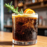 Close-up of a glass of Espresso Soda with ice and a lemon twist, highlighting its refreshing fizz.