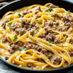 A bowl of creamy beef and garlic butter pasta garnished with fresh parsley.