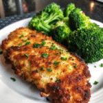Golden-brown Parmesan Chicken and Broccoli on a baking sheet, fresh from the oven.