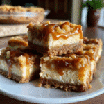 Caramel Apple Cheesecake Bars with a golden graham cracker crust, creamy cheesecake layer, and caramel-drizzled apple topping.