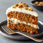 One Bowl Carrot Cake Recipe topped with creamy cream cheese frosting and chopped walnuts