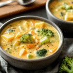 Slow Cooker Cheesy Broccoli Potato Soup in a bowl, topped with melted cheddar and fresh broccoli florets