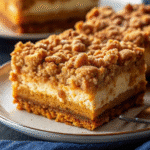 No Bake Pumpkin Cheesecake Bars on a serving plate with whipped cream and cinnamon sprinkle