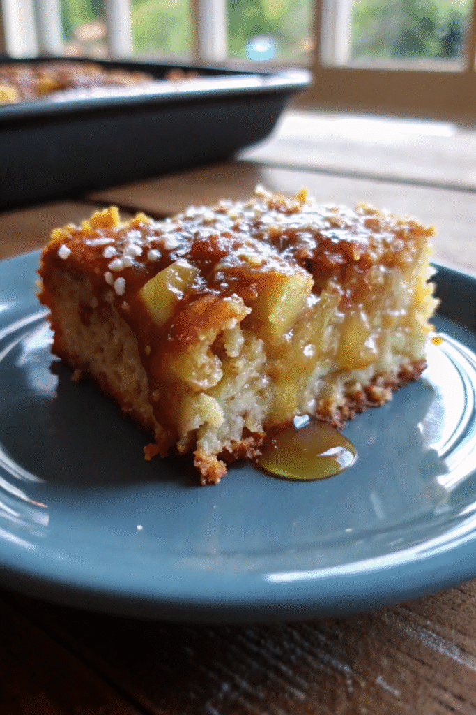 Close-up of Salted Caramel Apple Bars showing caramel-soaked apple pieces and crumbly crust sprinkled with sea salt.