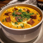 Creamy Sweet Potato and Sausage Soup served in a white bowl with fresh parsley garnish