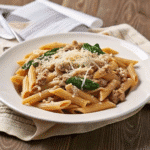 Creamy high-protein beef pasta with chickpea pasta, sautéed bell peppers, and fresh basil on top.