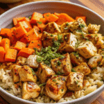 Pan Chicken Sweet Potato Bowl with roasted chicken, caramelized sweet potatoes, and brown rice in a white bowl