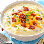 Creamy Slow Cooker Garlic Mashed Potato Soup in a white bowl, topped with cheddar, scallions, and crispy bacon.