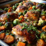 Sheet Pan Sweet Potato Chicken Thighs with golden roasted chicken, caramelized sweet potatoes, and crispy Brussels sprouts.