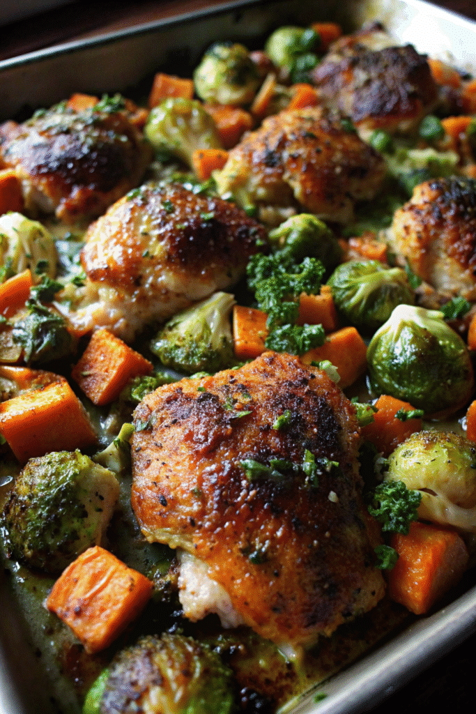 Sheet pan dinner of seasoned chicken thighs, sweet potato cubes, and halved Brussels sprouts fresh from the oven.