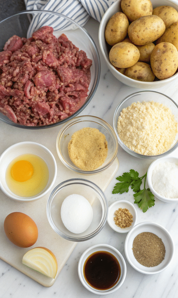 Ingredients for Sheet Pan BBQ Meatballs and Roasted Potatoes on a Counter