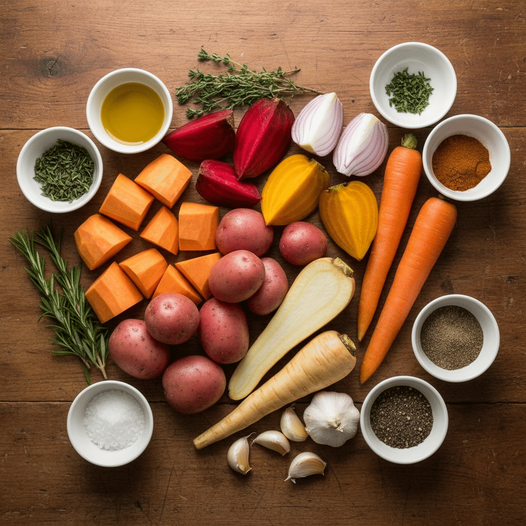 Roasted Root Vegetables Recipe 5 Fresh ingredients for roasted root vegetables including yams, red potatoes, beets, carrots, parsnip, red onion, garlic, olive oil, and herbs