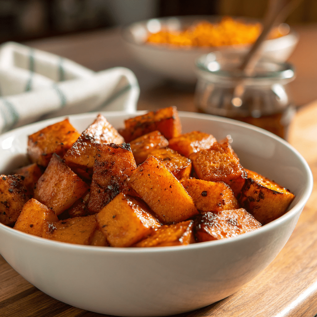 Golden roasted sweet potato cubes drizzled with honey and sprinkled with cinnamon on a white plate.