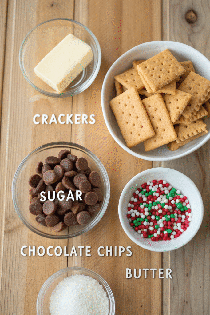 Ingredients for Christmas Crack including saltine crackers, butter, brown sugar, chocolate chips, and sprinkles on a countertop.
