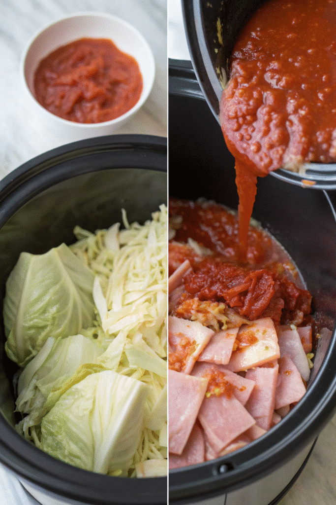 Ingredients for Crock Pot Unstuffed Cabbage Rolls laid out, including ground beef, chopped cabbage, rice, tomato sauce, and spices.