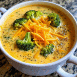 Creamy One Pot Broccoli Cheddar Soup in a white bowl garnished with shredded cheddar and fresh broccoli florets