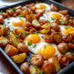 Golden roasted potatoes and perfectly baked eggs on a sheet pan, ready to serve.