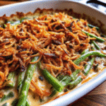 Southern Green Bean Casserole with creamy mushroom sauce and golden crispy fried onion topping in a baking dish.