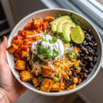 Colorful Sweet Potato Taco Bowl with roasted sweet potatoes, black beans, corn, avocado, and shredded cheese topped with cilantro and lime.