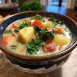 Bowl of creamy Zuppa Toscana Soup with Italian sausage, kale, and potatoes, served steaming hot.
