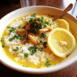 Bowl of Greek Lemon Chicken Soup with tender chicken, rice, and a creamy lemon-egg broth, garnished with fresh herbs.