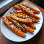 Golden roasted Garlic Parmesan Sweet Potato Wedges on a baking sheet, sprinkled with melted Parmesan and fresh herbs.