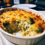 Creamy Chicken Broccoli Rice Casserole baked in a golden cheesy topping, served in a 9x13-inch dish