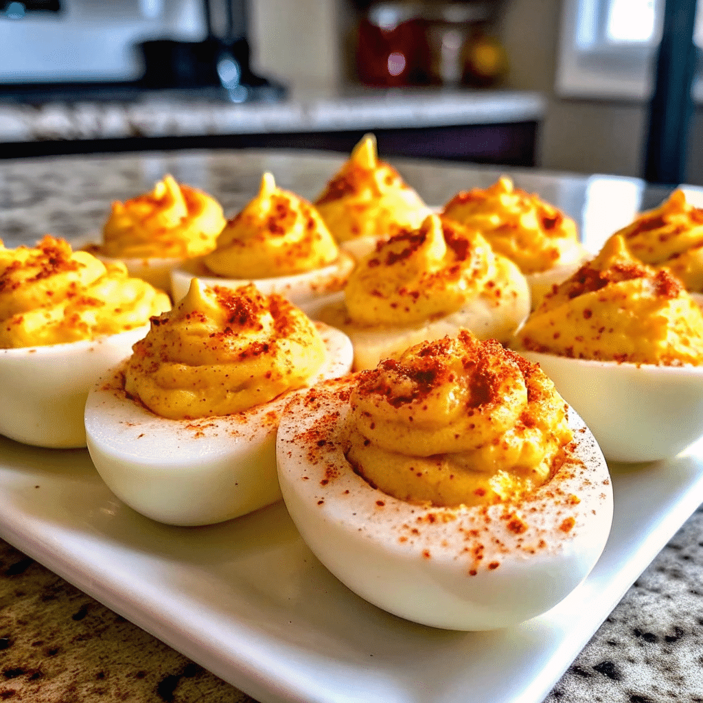 Platter of creamy Thanksgiving Deviled Eggs garnished with paprika, ready to serve at a holiday gathering.