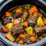 Slow Cooker Beef Stew in a white bowl with tender beef, carrots, potatoes, and a rich savory broth.