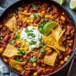 Bowl of hearty Instant Pot chili topped with shredded cheddar, sour cream, and fresh cilantro.