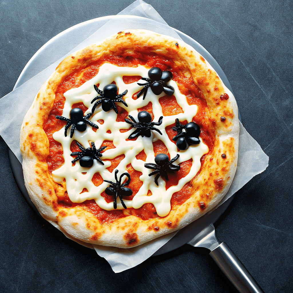 Spiderweb Pizza with melted string cheese forming a web and black olive spiders on a golden-brown crust.