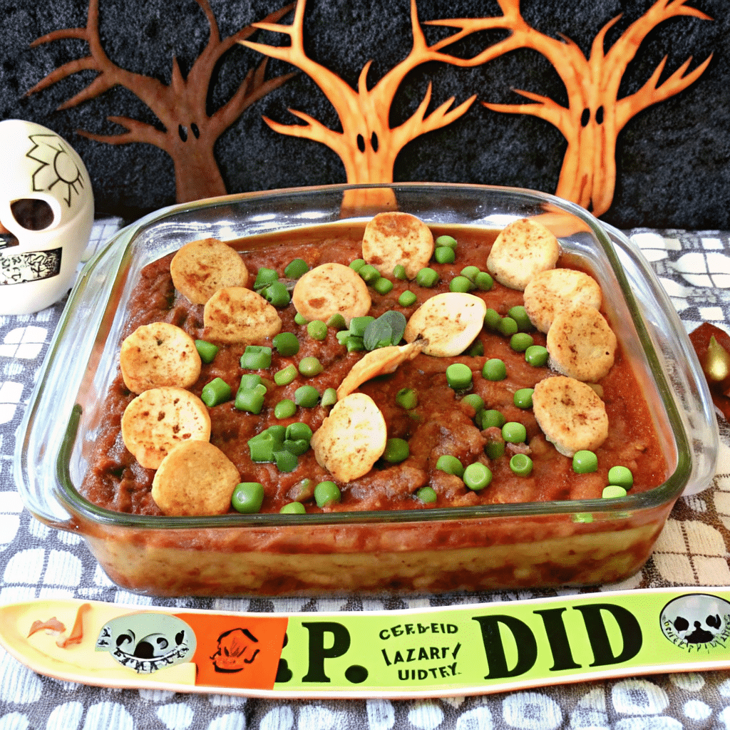 A festive Graveyard Taco Dip in a 9x13-inch dish, layered with seasoned beef, cheddar, cream cheese, salsa, and decorated with tortilla tombstones, lettuce, cilantro, and black olives.