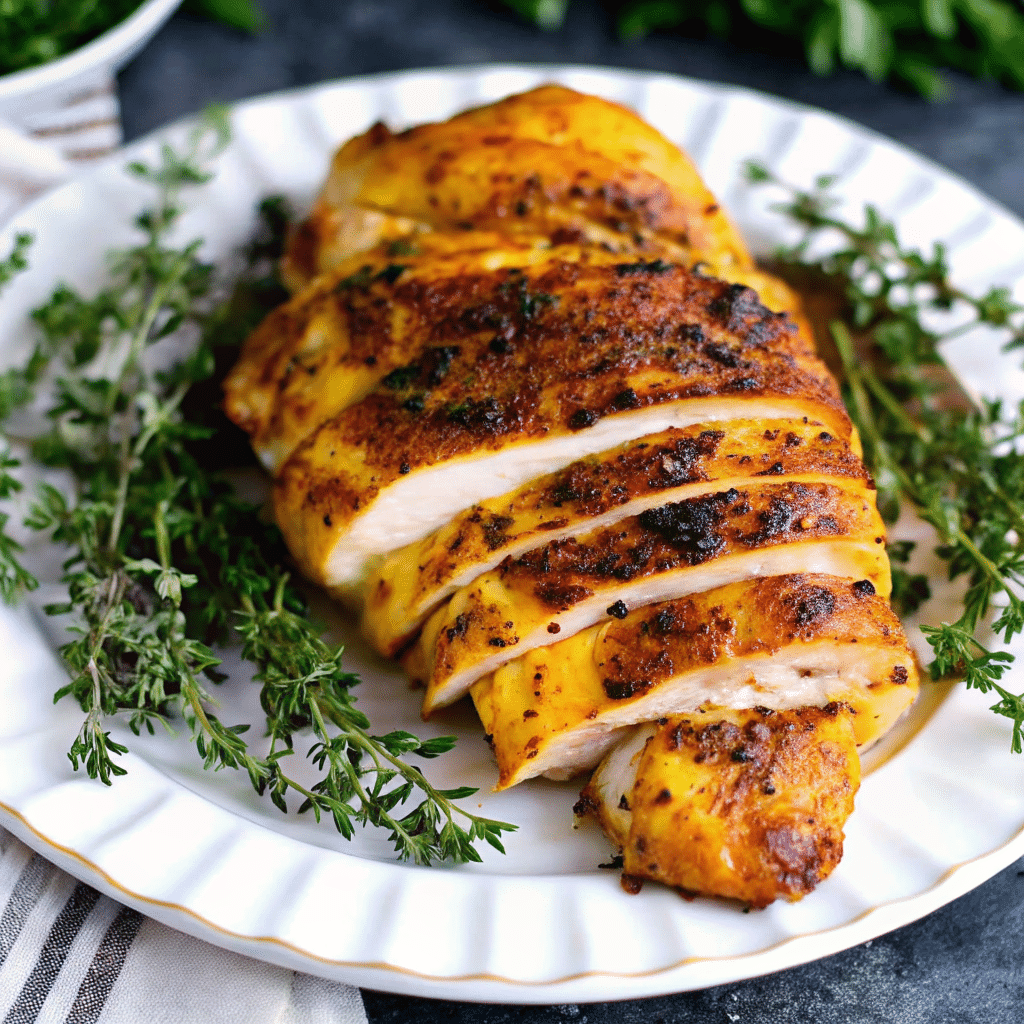 Slow Cooker Thanksgiving Turkey Breast with golden herb crust on a bed of onions