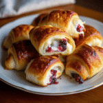 Golden Cranberry Cream Cheese Crescent Bites on a parchment-lined baking sheet, showing flaky pastry and creamy cranberry filling.