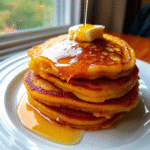 Stack of golden-brown Sweet Potato Pancakes topped with melted butter and maple syrup on a white plate.