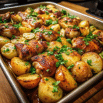 Garlic Parmesan Chicken and Potatoes served on a white plate, golden roasted potatoes and tender chicken garnished with fresh parsley.