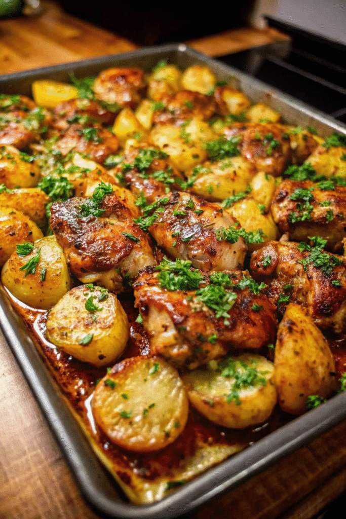 Sheet pan of Garlic Parmesan Chicken and Potatoes, with golden chicken pieces and roasted baby potatoes ready to serve.