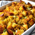 Golden-brown Thanksgiving Jiffy Cornbread Stuffing in a baking dish with tender crumbled cornbread and sautéed vegetables.