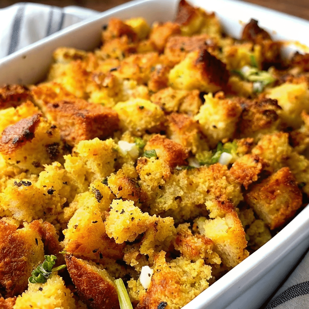 Golden-brown Thanksgiving Jiffy Cornbread Stuffing in a baking dish with tender crumbled cornbread and sautéed vegetables.