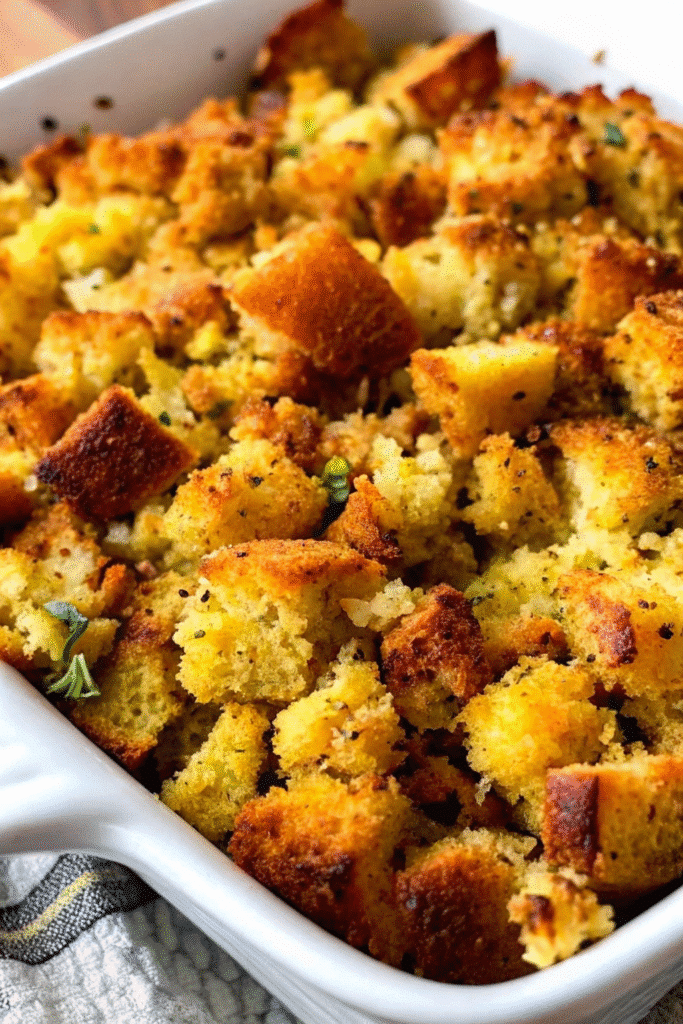 Close-up of Thanksgiving Jiffy Cornbread Stuffing showing golden crispy top and moist, flavorful interior.