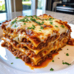 A freshly baked pan of Quick and Easy Lasagna with melted mozzarella and golden Parmesan on top.